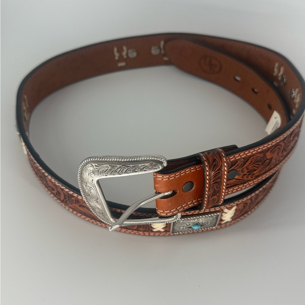 3-D Belt Co. 8003 Genuine Hand Tooled Leather Size 36 Brown Turquoise Western